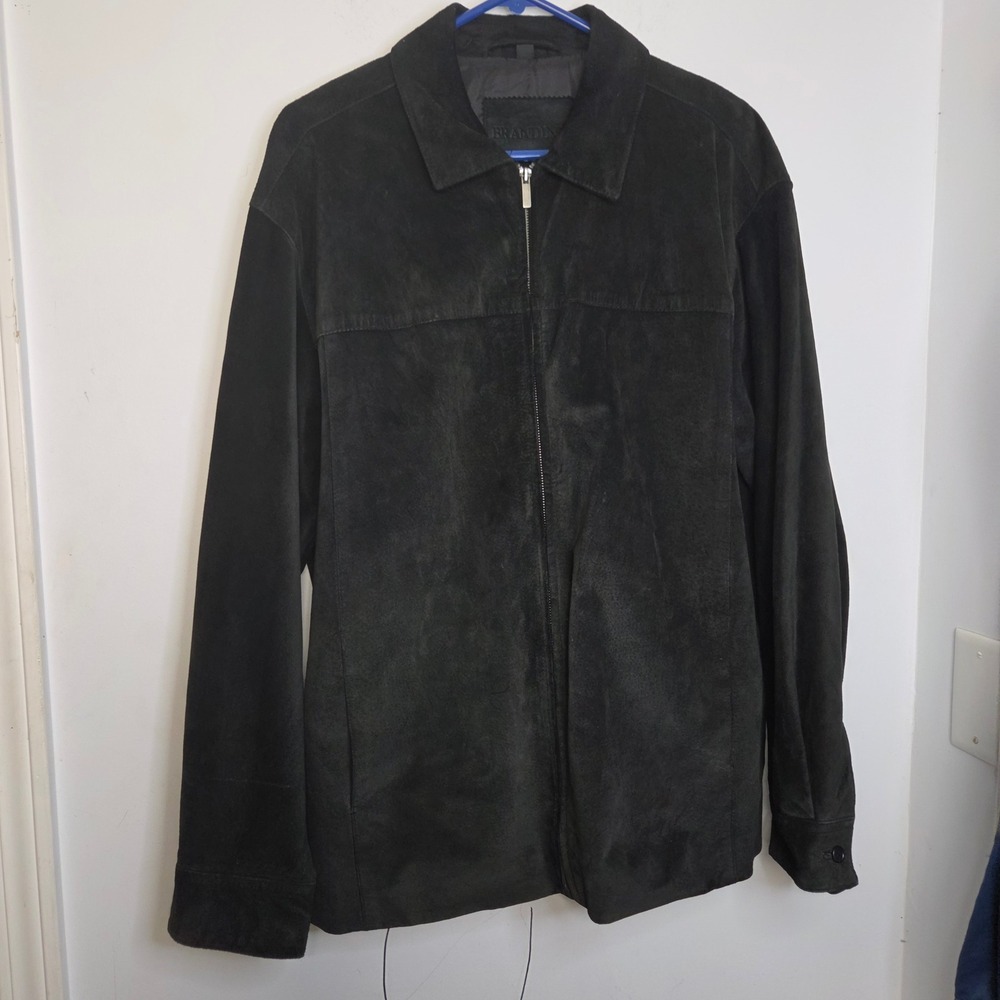 Brandini Mens Black Genuine Suede Leather Full Zip Jacket Large Spread Collar L